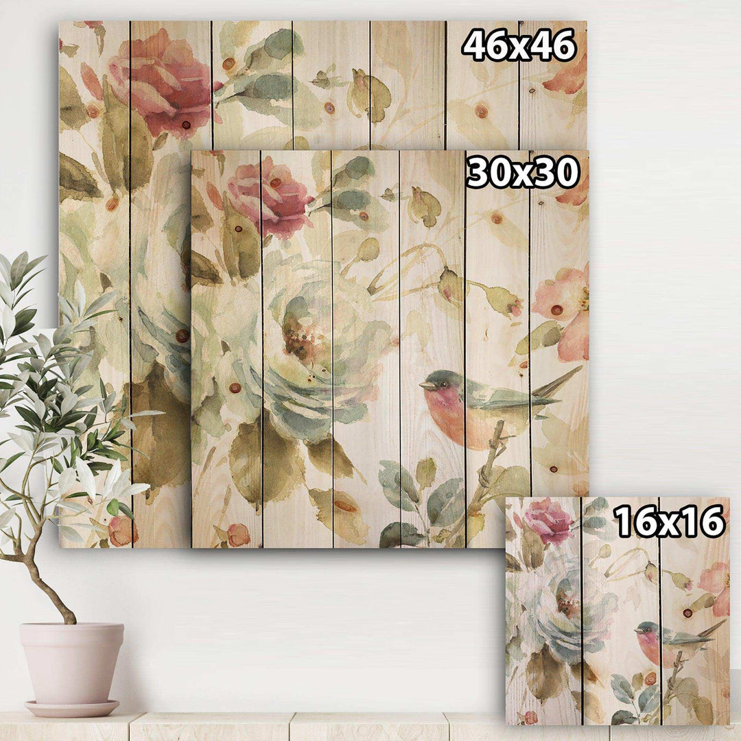 Beautiful Bird Romance I - Traditional Print on Natural Pine Wood - 16x16