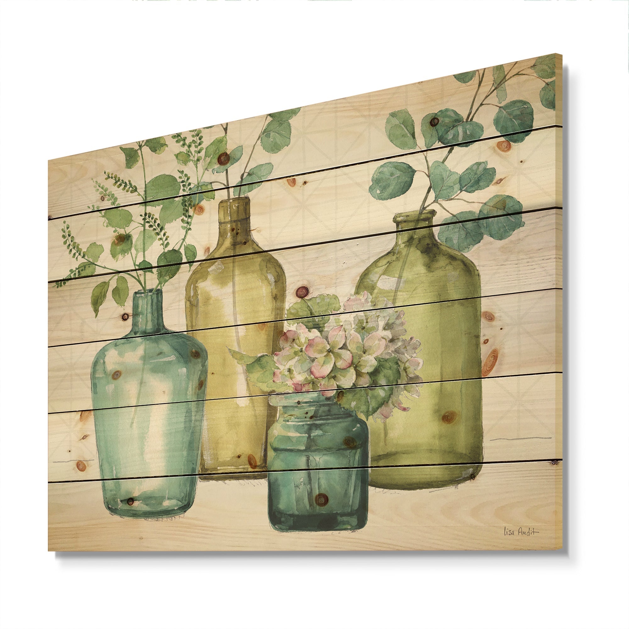 Mixed Botanical Green Leaves VIII - Cottage Print on Natural Pine Wood - 20x15