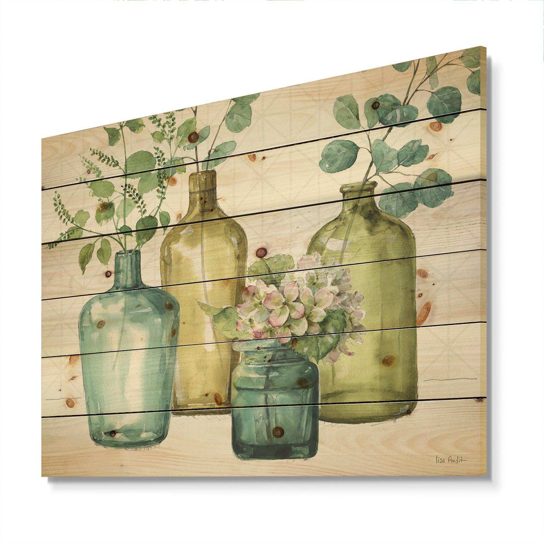 Mixed Botanical Green Leaves VIII - Cottage Print on Natural Pine Wood - 20x15