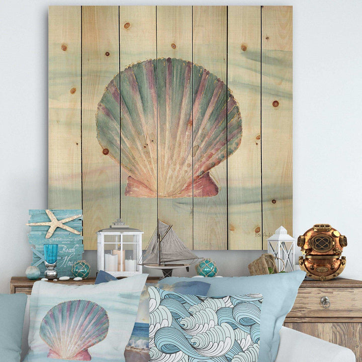 Ocean Shell on Blue  - Nautical &amp; Coastal Print on Natural Pine Wood - 16x16