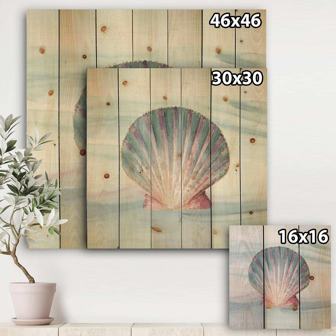 Ocean Shell on Blue  - Nautical &amp; Coastal Print on Natural Pine Wood - 16x16