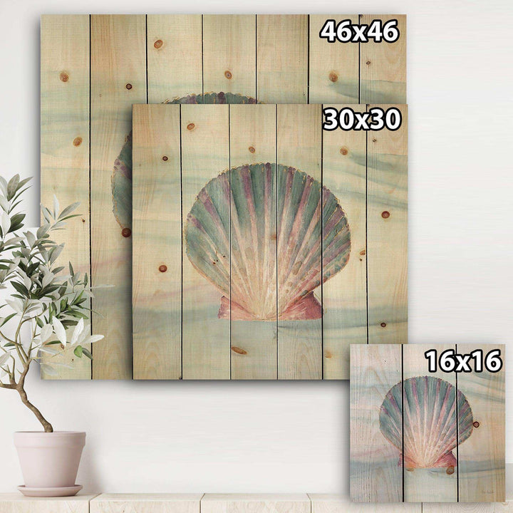 Ocean Shell on Blue  - Nautical &amp; Coastal Print on Natural Pine Wood - 16x16
