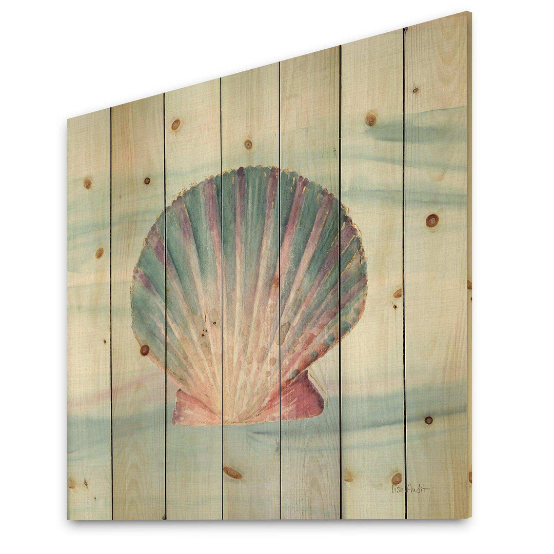 Ocean Shell on Blue  - Nautical &amp; Coastal Print on Natural Pine Wood - 16x16