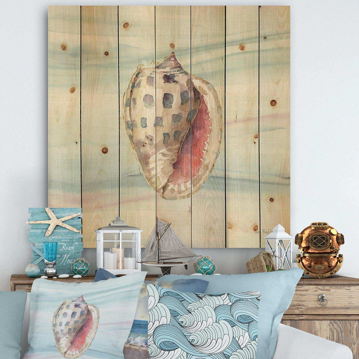 Gilded Sea Horn Shell on Blue - Nautical &amp; Coastal Print on Natural Pine Wood - 16x16