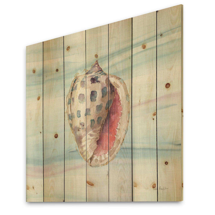 Gilded Sea Horn Shell on Blue - Nautical &amp; Coastal Print on Natural Pine Wood - 16x16