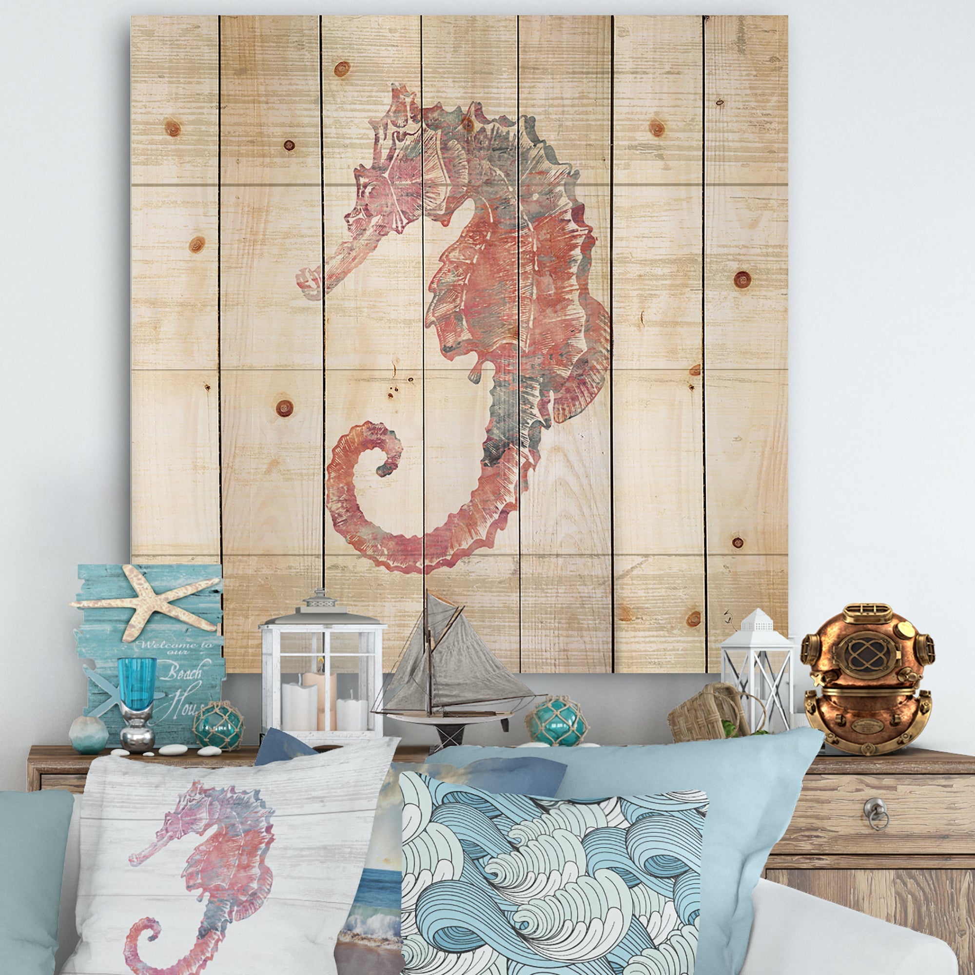 Pink seahorses Ocean Life - Nautical & Coastal Print on Natural Pine Wood - 16x16