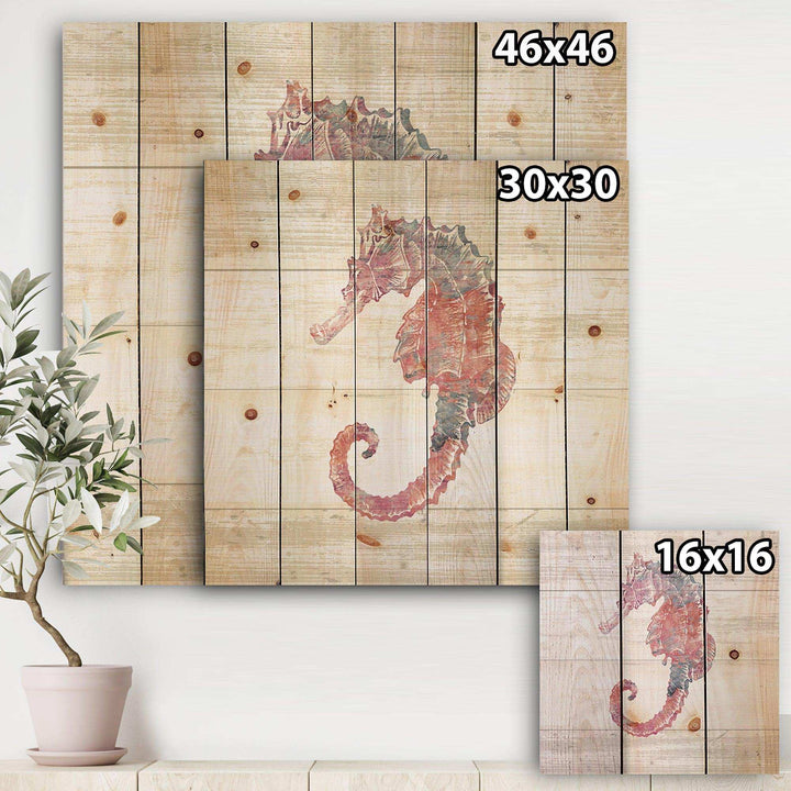 Pink seahorses Ocean Life - Nautical &amp; Coastal Print on Natural Pine Wood - 16x16