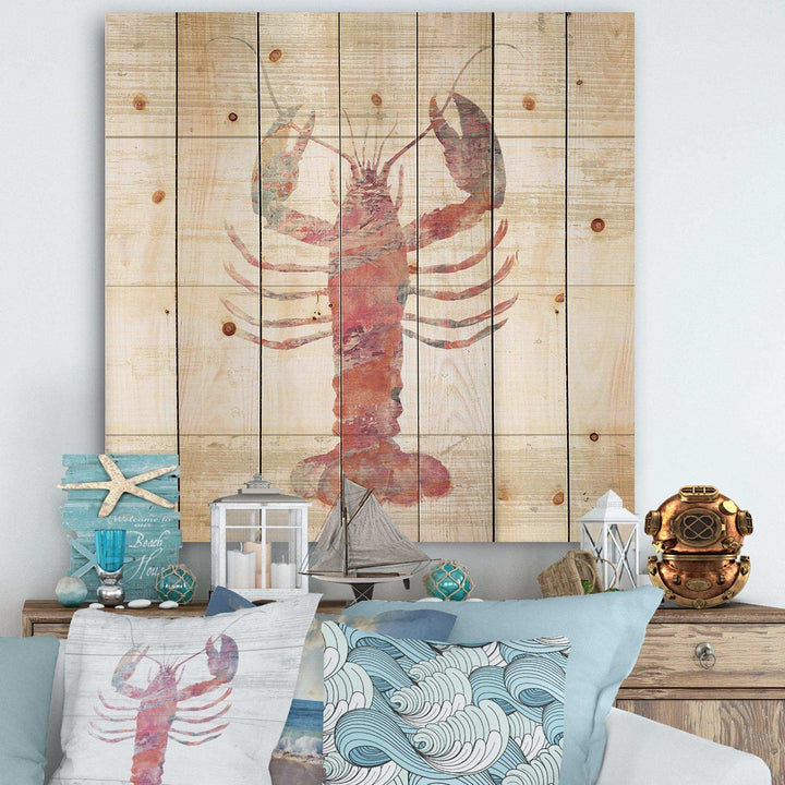 Pink lobster Ocean Life - Nautical &amp; Coastal Print on Natural Pine Wood - 16x16