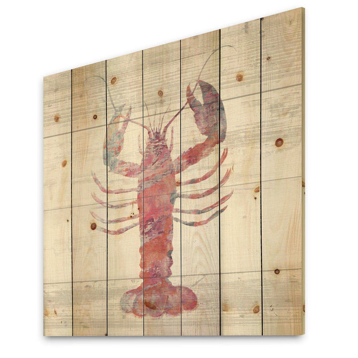 Pink lobster Ocean Life - Nautical &amp; Coastal Print on Natural Pine Wood - 16x16