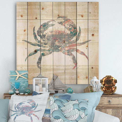 Pink Crab Ocean Life - Nautical & Coastal Print on Natural Pine Wood - 16x16