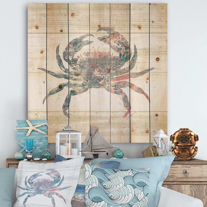 Pink Crab Ocean Life - Nautical &amp; Coastal Print on Natural Pine Wood - 16x16