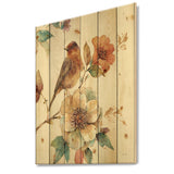 Farmhouse Bird on Flower Branch - Traditional Print on Natural Pine Wood - 15x20