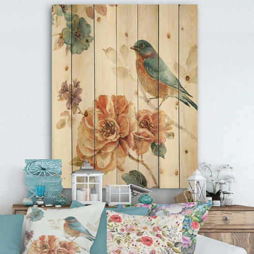 Cottage Bird on Orange Flower Twig - Traditional Print on Natural Pine Wood - 15x20