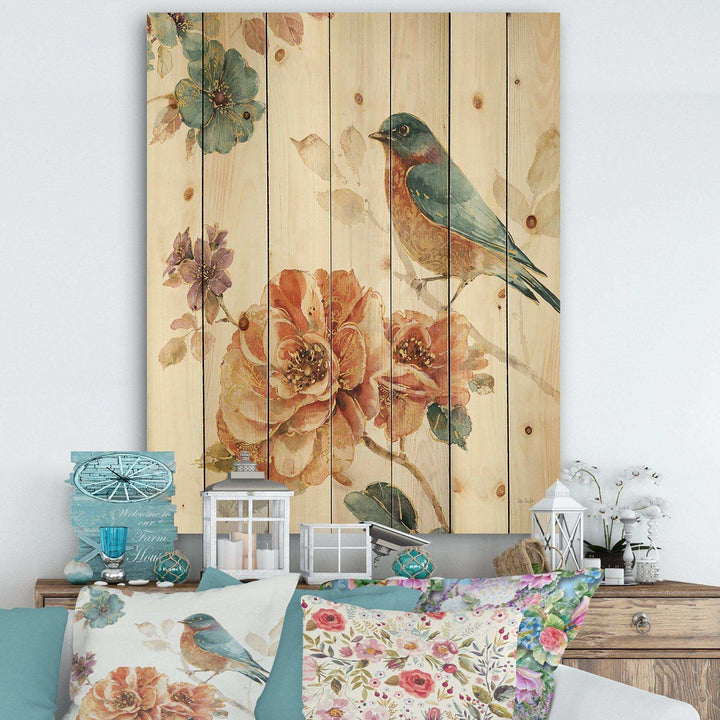 Cottage Bird on Orange Flower Twig - Traditional Print on Natural Pine Wood - 15x20