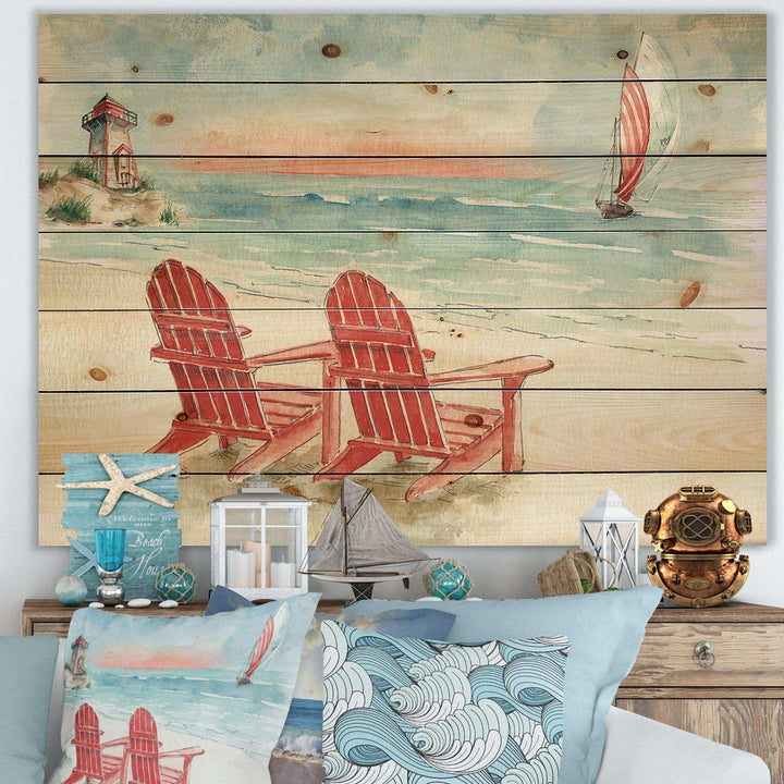 Coastal Chair Relax  Beach II - Nautical &amp; Coastal Print on Natural Pine Wood - 20x15