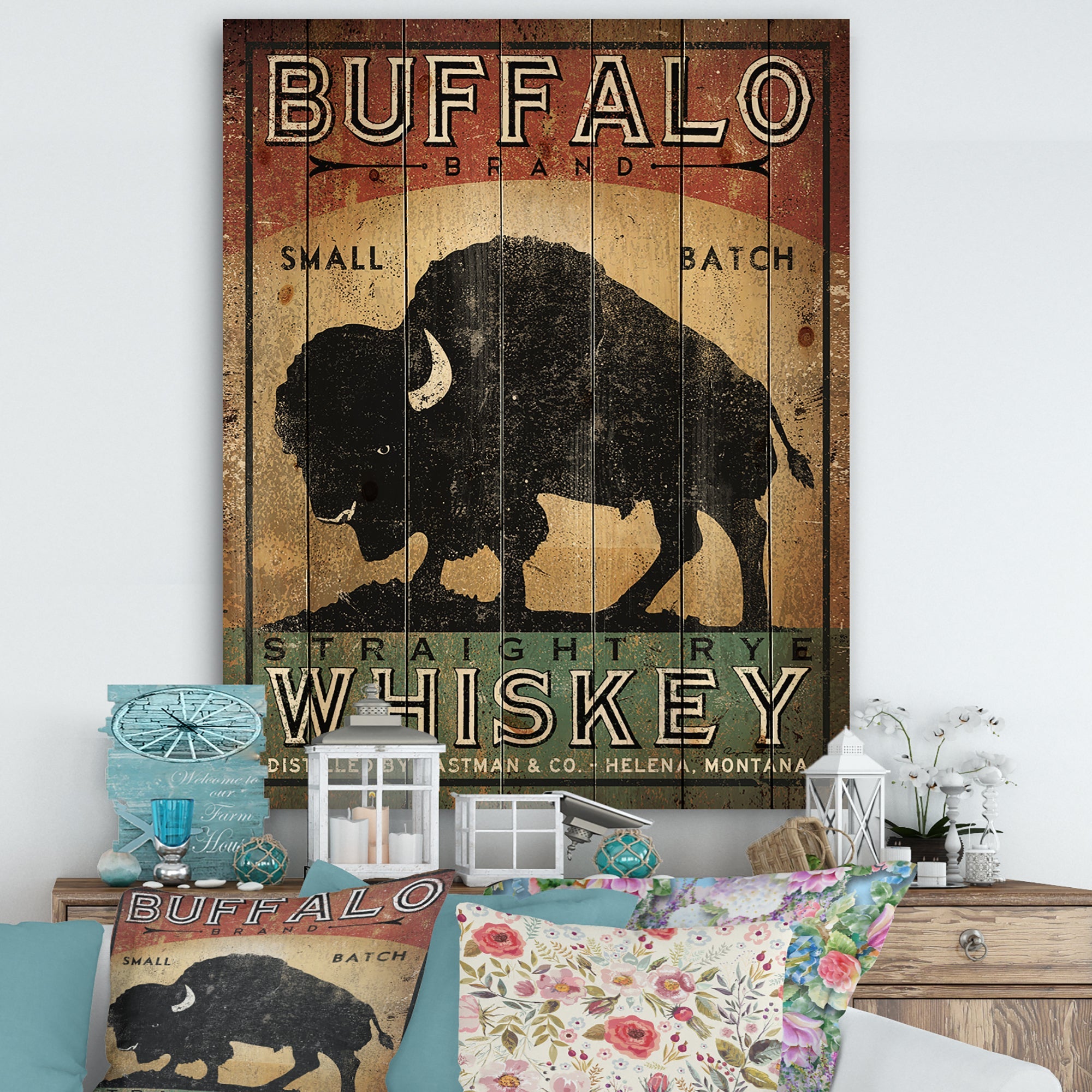Vintage Buffalo Whiskey - Wildlife Print on Natural Pine Wood - 15x20