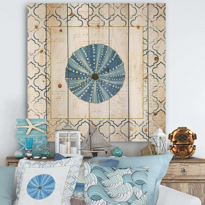 Blue Conch Shell On Blue Coastal Pattern  - Nautical &amp; Coastal Print on Natural Pine Wood - 16x16