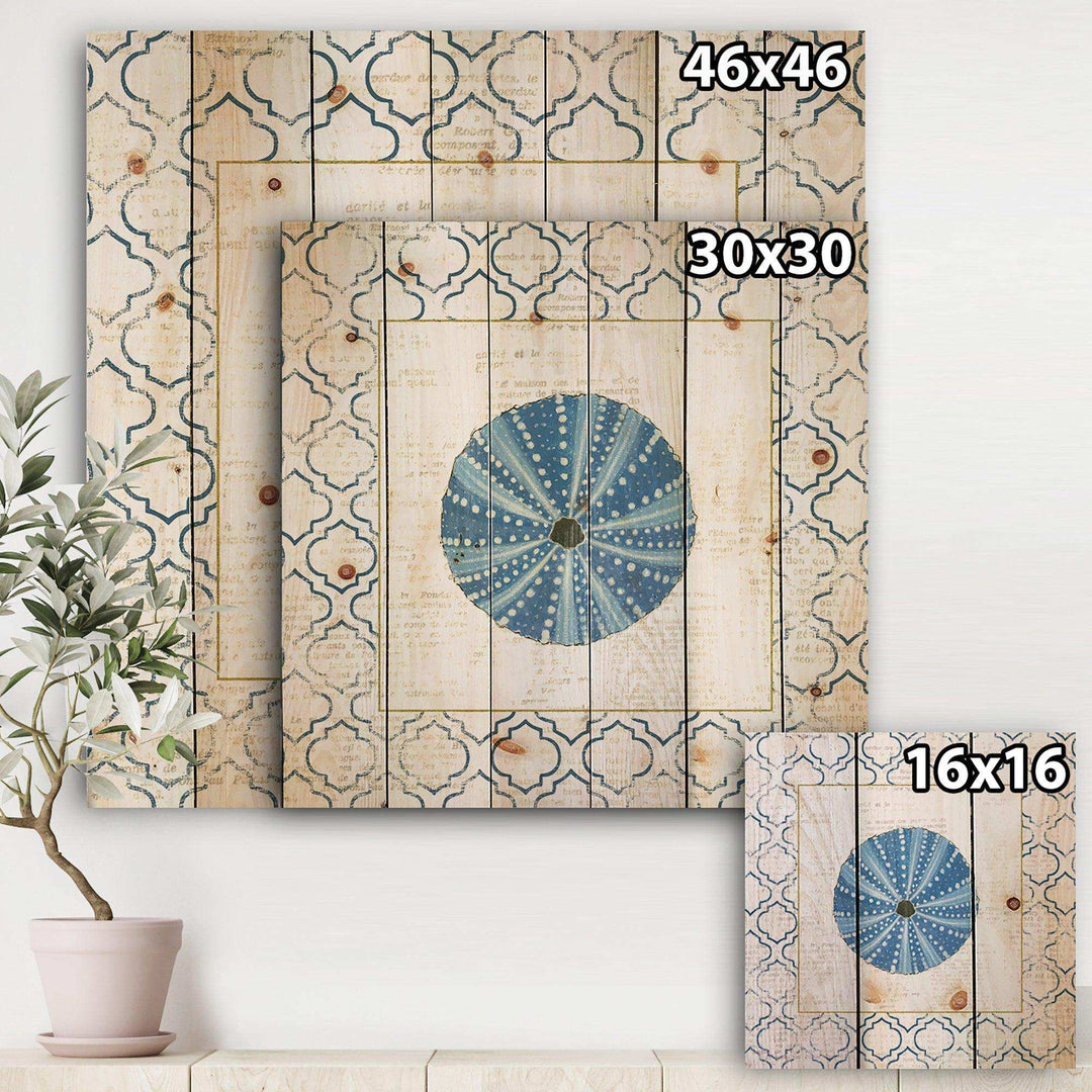 Blue Conch Shell On Blue Coastal Pattern  - Nautical &amp; Coastal Print on Natural Pine Wood - 16x16