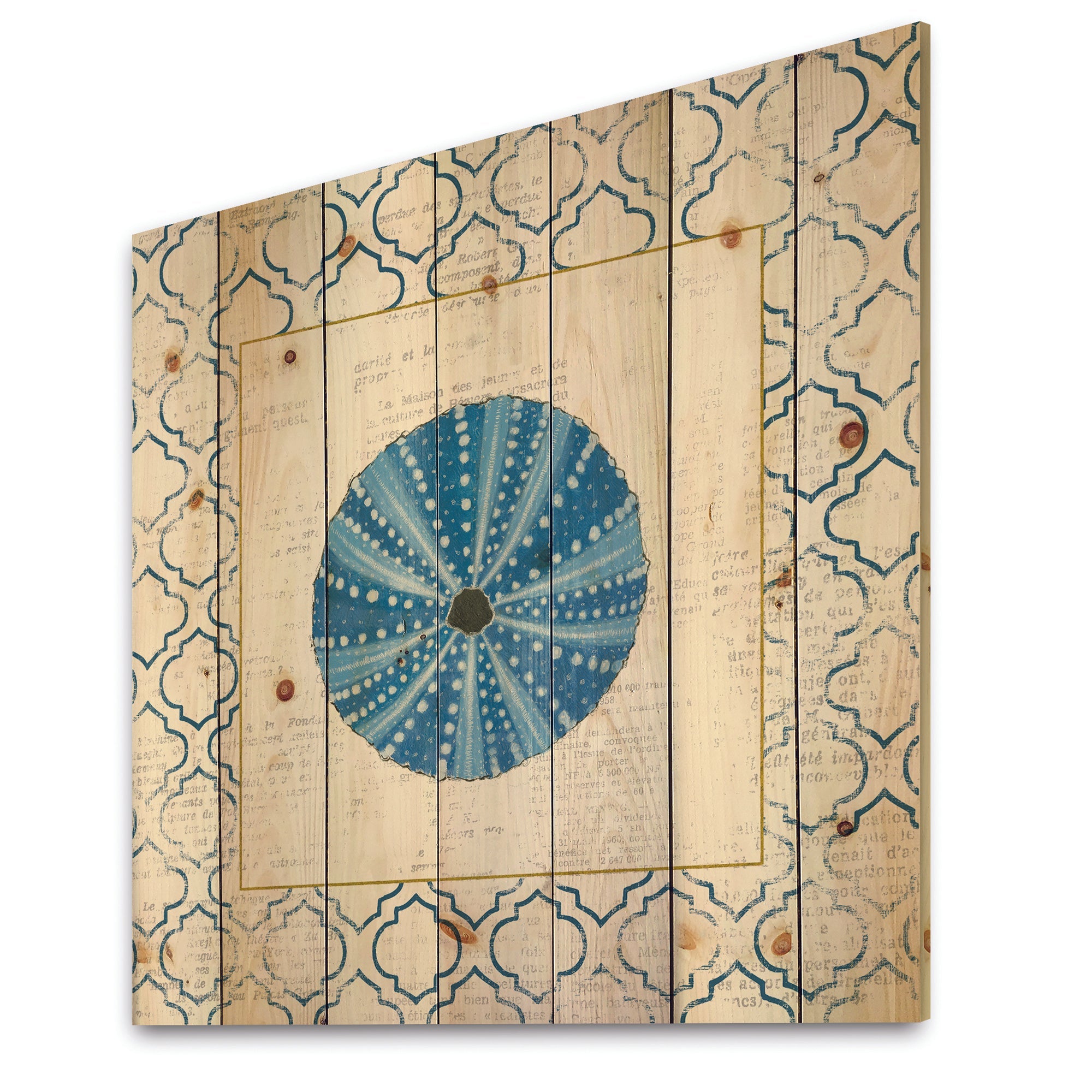 Blue Conch Shell On Blue Coastal Pattern  - Nautical & Coastal Print on Natural Pine Wood - 16x16