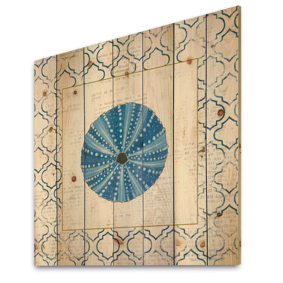 Blue Conch Shell On Blue Coastal Pattern  - Nautical &amp; Coastal Print on Natural Pine Wood - 16x16