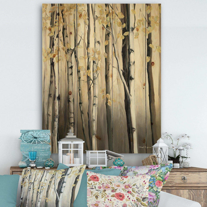 Golden Birch Forest IV - Cabin &amp; Lodge Print on Natural Pine Wood - 15x20