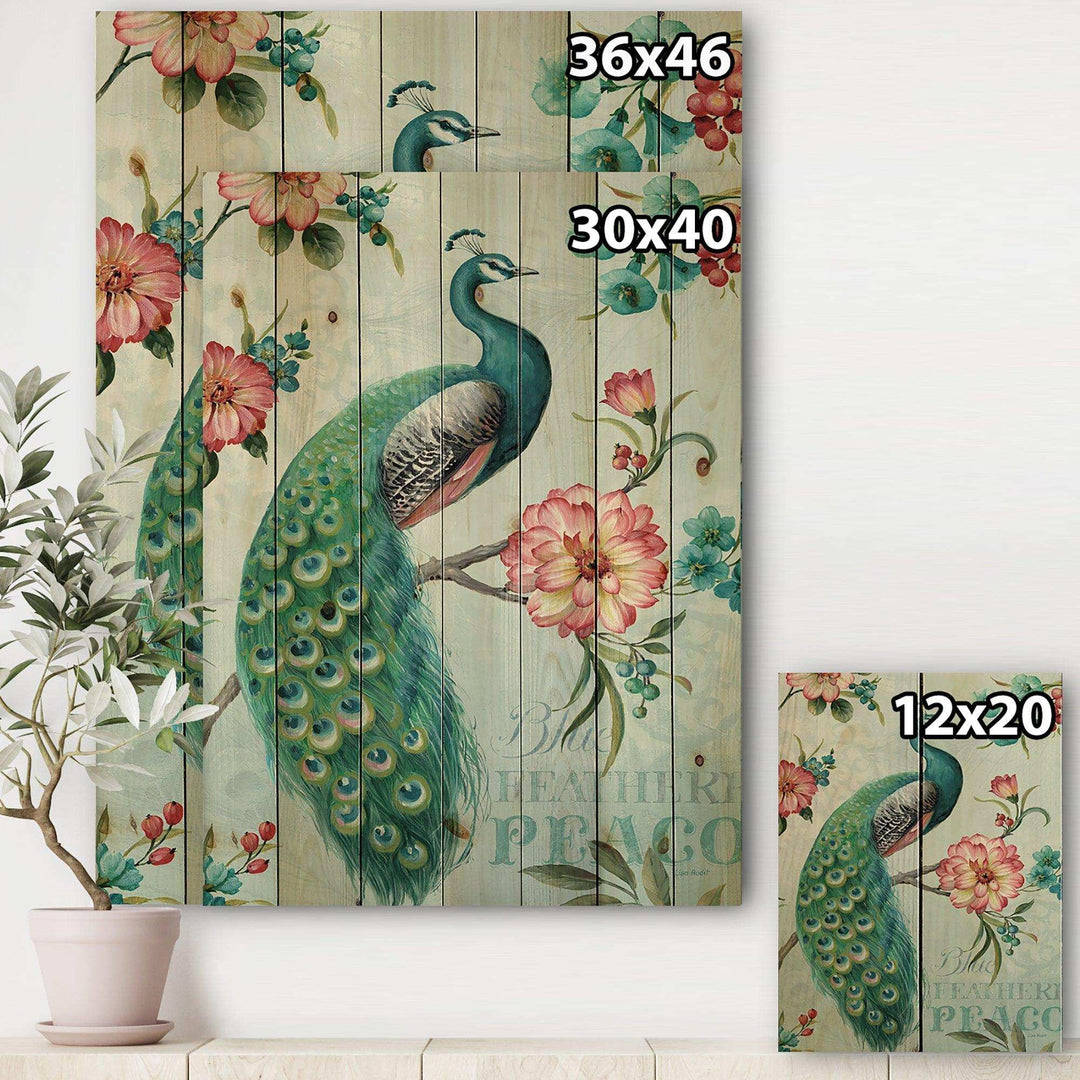 Handpainted Peacock  - Floral and botanical Print on Natural Pine Wood - 15x20