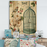 Blue Cottage Bird, Birdcage and Apple Blossoms II - Floral and botanical Print on Natural Pine Wood - 15x20