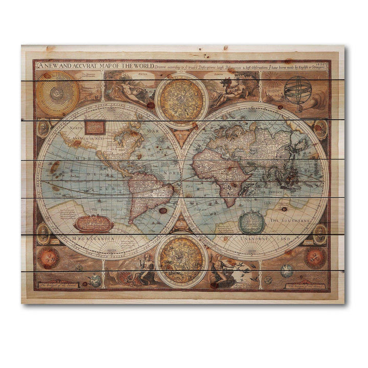 Ancient Map of The World VIII - Vintage Print on Natural Pine Wood