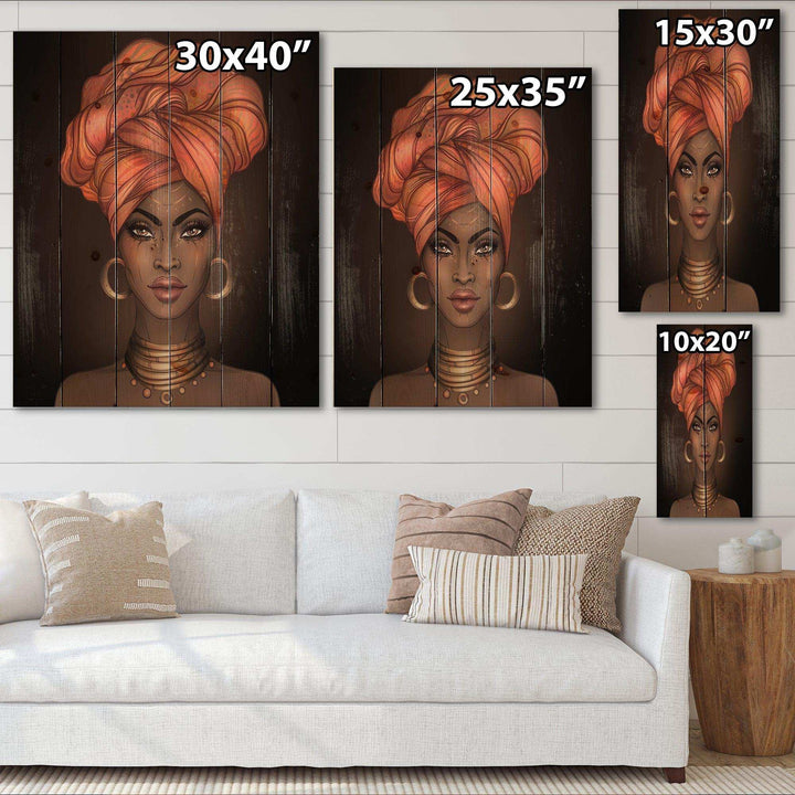 African American Woman with Turban V - Modern Print on Natural Pine Wood