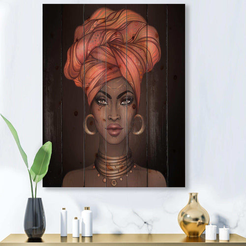 African American Woman with Turban V - Modern Print on Natural Pine Wood