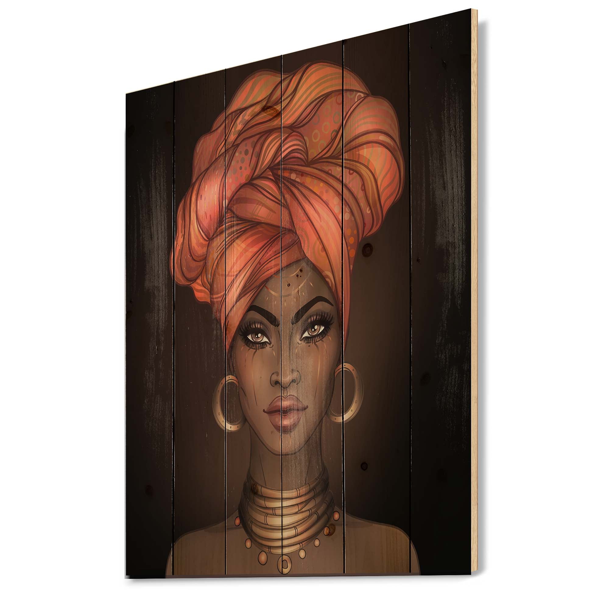 African American Woman with Turban V - Modern Print on Natural Pine Wood