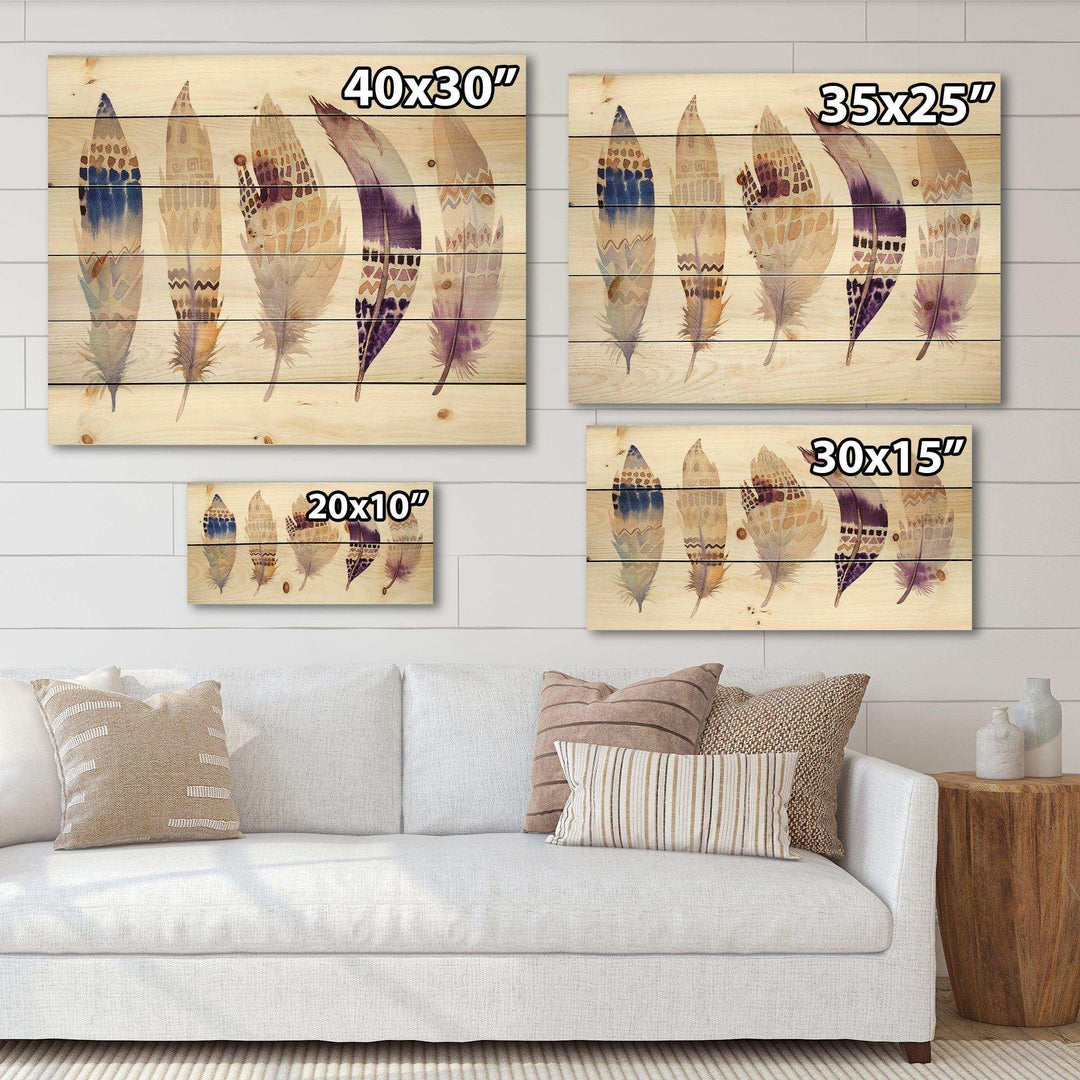 Ethnic Purple Boho Feathers - Bohemian &amp; Eclectic Print on Natural Pine Wood