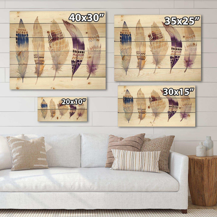 Ethnic Purple Boho Feathers - Bohemian &amp; Eclectic Print on Natural Pine Wood