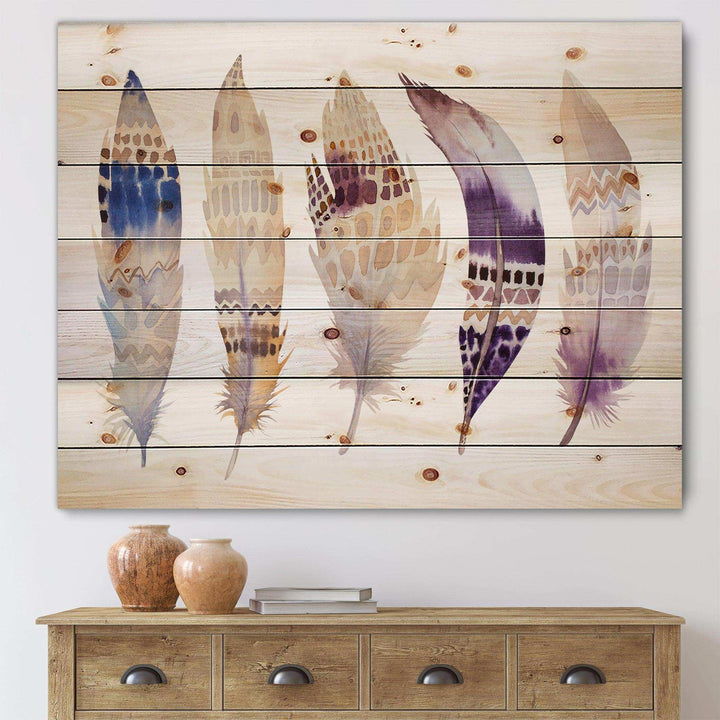 Ethnic Purple Boho Feathers - Bohemian &amp; Eclectic Print on Natural Pine Wood