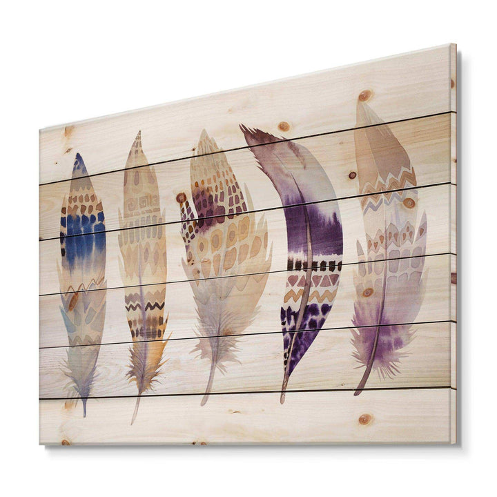 Ethnic Purple Boho Feathers - Bohemian &amp; Eclectic Print on Natural Pine Wood