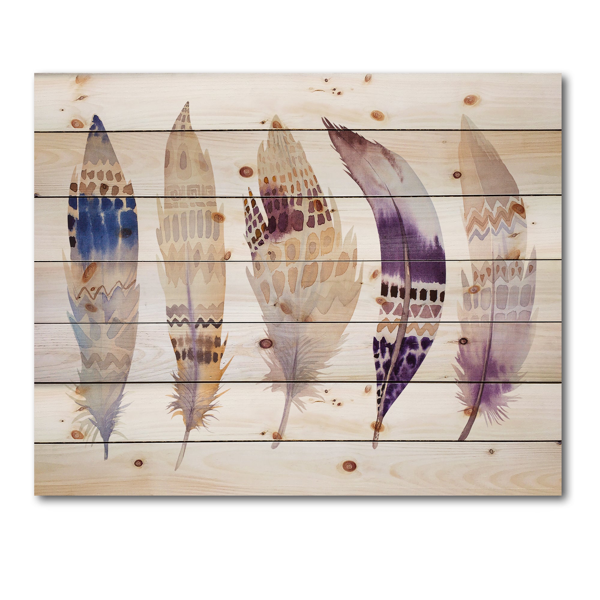 Ethnic Purple Boho Feathers - Bohemian & Eclectic Print on Natural Pine Wood