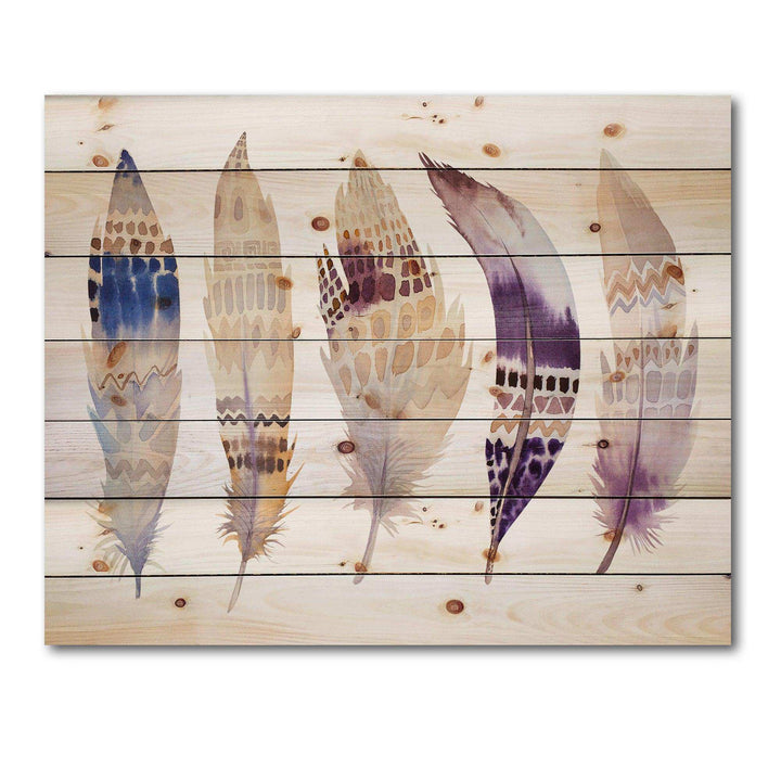 Ethnic Purple Boho Feathers - Bohemian &amp; Eclectic Print on Natural Pine Wood