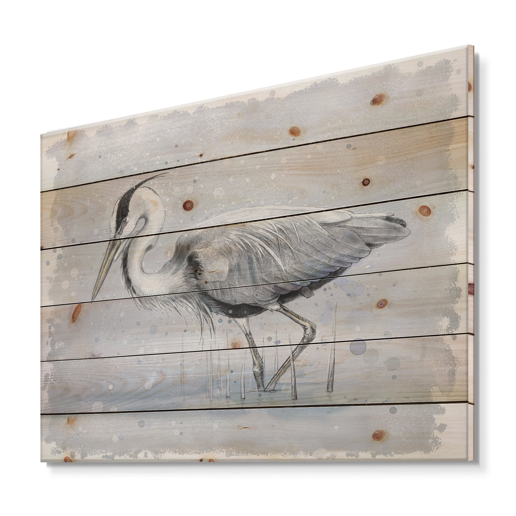 Grey Heron Bird - Farmhouse Print on Natural Pine Wood